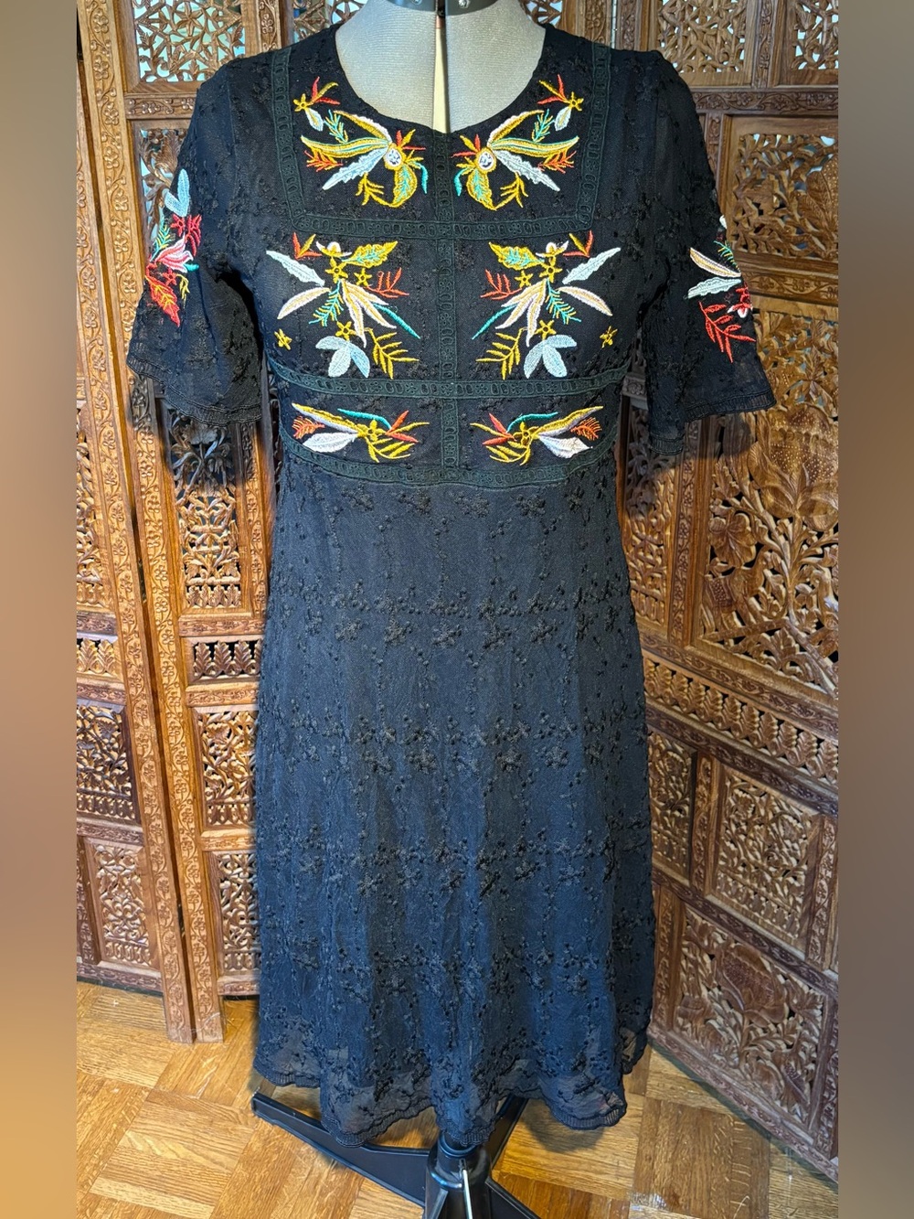 Embroidered Black Midi Dress with Floral Accents